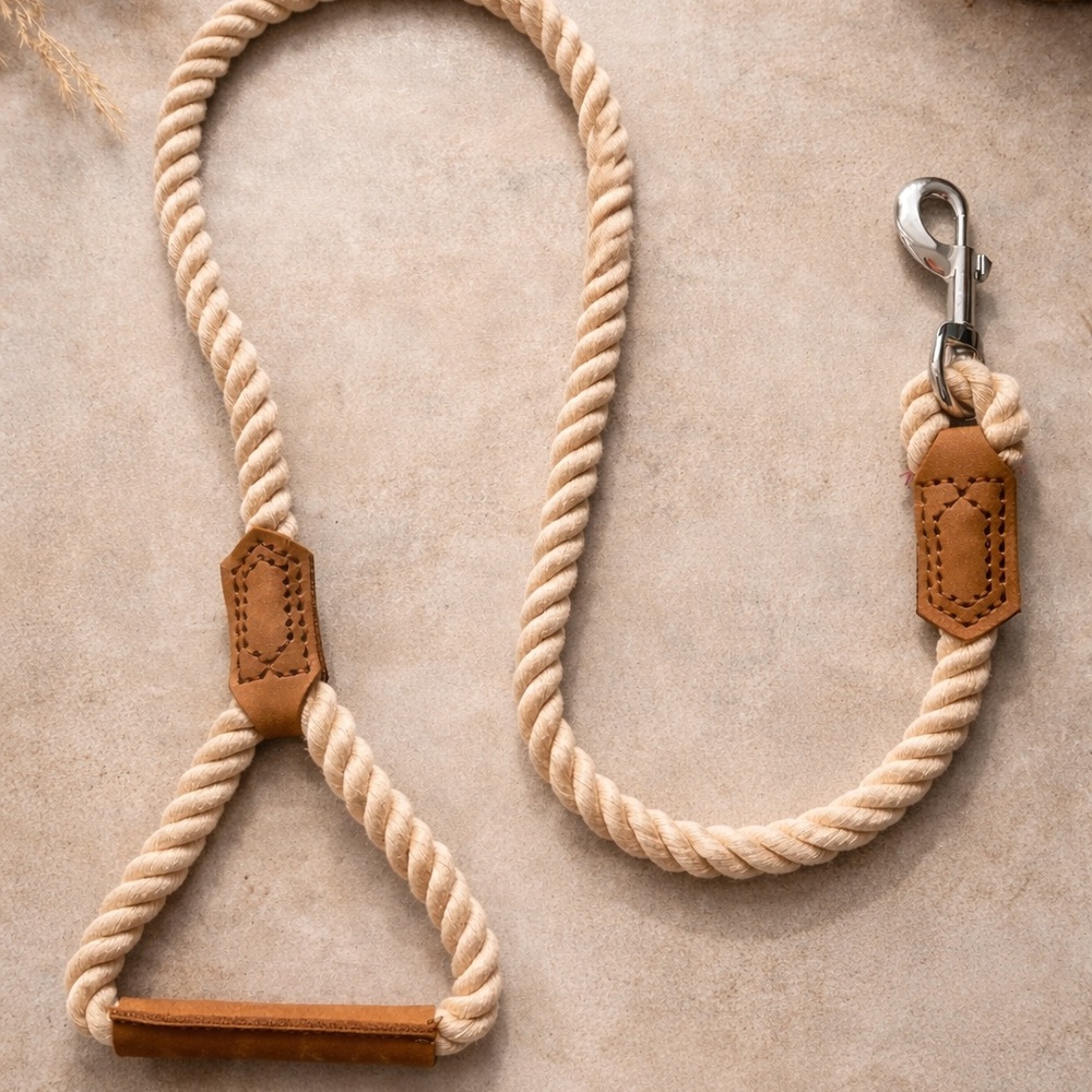 Braided Cotton Rope Dog Leash – Genuine Leather Accents
